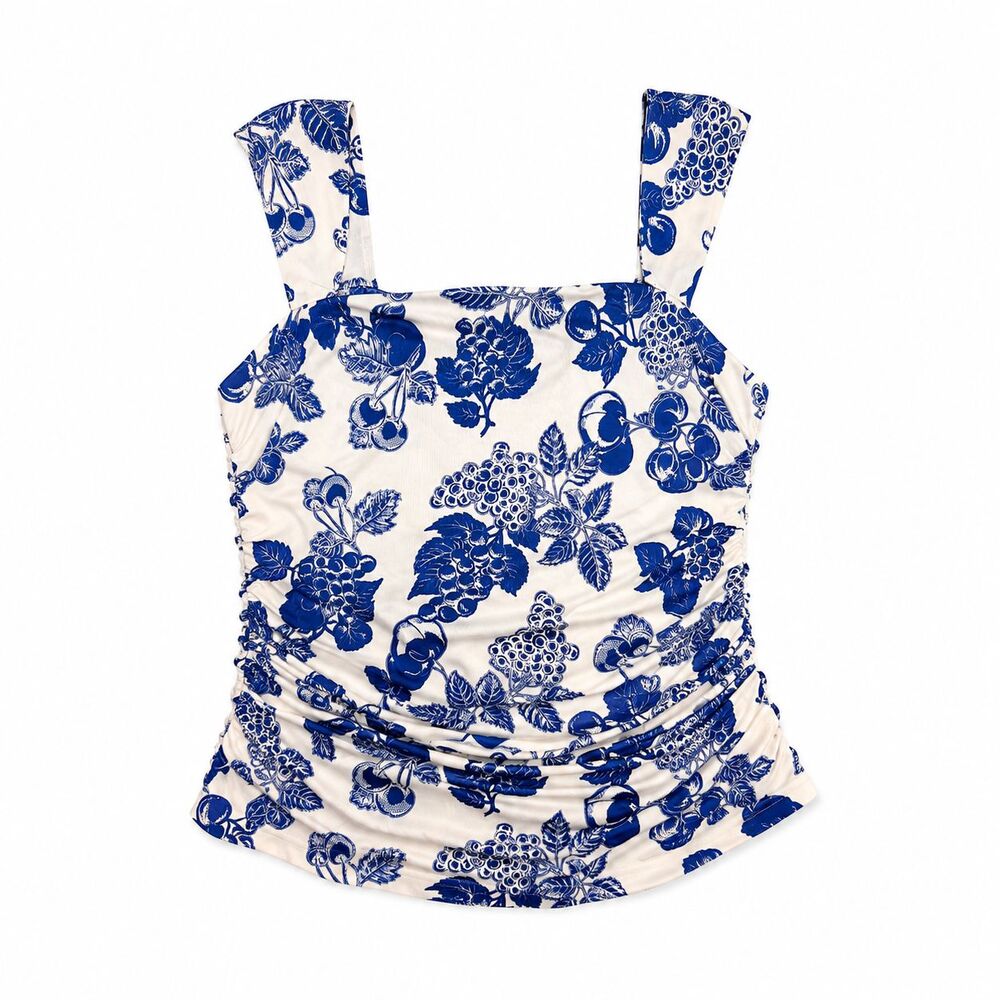 Free People Tommie Top Sz XL Blue White Grape Print Sleeveless Criss Cross Strap